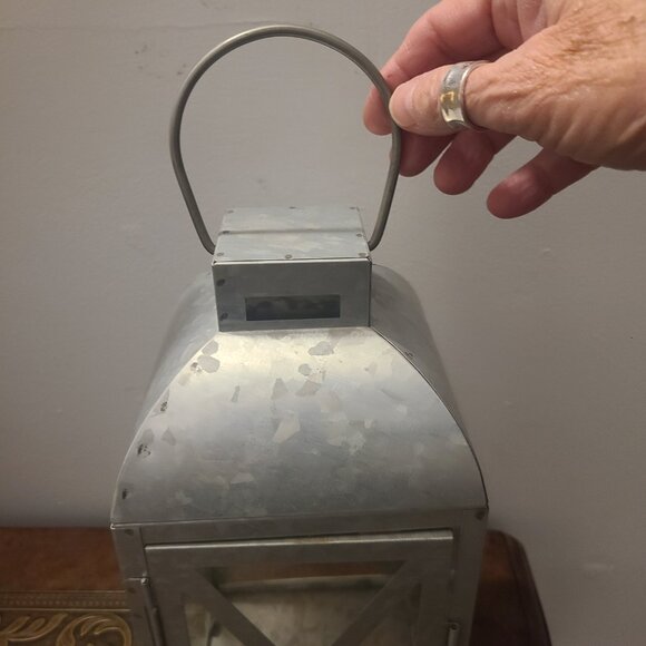Large 12" Metal Glass Lantern Galvanized Metal 12"x5.5"x5.5" Hanging - Picture 3 of 4